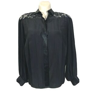 VTG REGINA‎ PORTER 100% Silk Blouse 14 Black Satin Bead Embroider Pleat Button